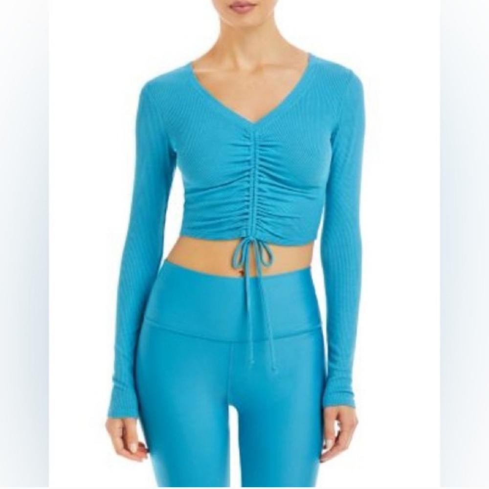 Alo Blue Ruched Long Sleeve Crop Top
